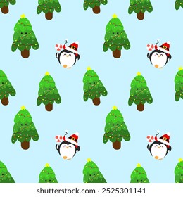 Seamless vector pattern featuring cute penguins in Christmas hats holding candy canes, surrounded by decorated Christmas trees. Great for children’s textiles, gift wrapping, and festive décor.