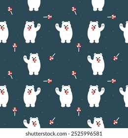 Padrão de vetor sem emenda com ursos polares bonitos com bengalas de doces em um fundo azul escuro. Perfeito para projetos de férias, têxteis infantis, papel de embrulho de Natal, embalagem de presente.
