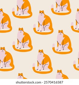 Seamless vector pattern featuring cute cartoon cats with red spots on a light background. Perfect for cat lovers, pet product designs, kids' textiles, and playful wrapping paper with a fun, whimsical 