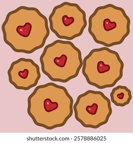 A seamless vector pattern featuring cute heart-shaped jam cookies on a warm orange background. The biscuits have a wavy edg  layered dough and a glossy red heart-shaped filling giving them a delici