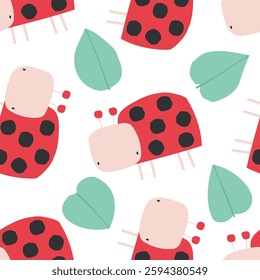 Seamless vector pattern featuring cute ladybugs with black spotted shells, surrounded by green leaves. Insects. Perfect for kids' wallpaper, fabric, wrapping paper, and nursery decor.  