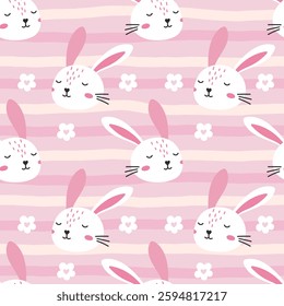 Seamless vector pattern featuring cute bunnies, flowers, and woodland elements in soft pastel tones, perfect for spring holiday designs, children s clothing, and wrapping paper