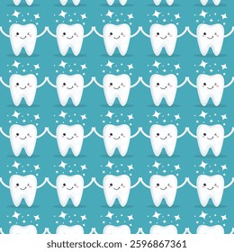Seamless vector pattern featuring cute smiling teeth holding hands. The background color can be changed. Perfect for dental clinics, oral care branding, kids' dentistry, and medical designs.