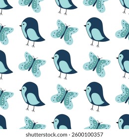 A seamless vector pattern featuring cute stylized birds and butterflies, perfect for textiles, wallpapers, or childrens designs
