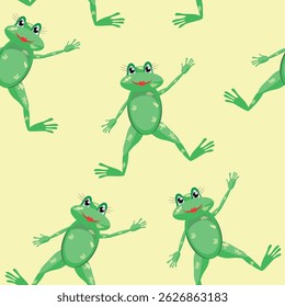 Seamless vector pattern featuring a cute cartoon frog on a light yellow background. This adorable and playful design is perfect for kids’ clothing, wallpapers, packaging, fabric, stationery, or party