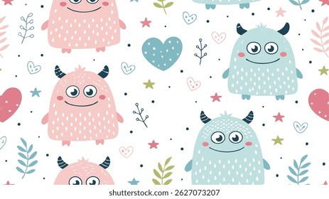 Seamless vector pattern featuring cute monsters and aliens, ideal for textile prints or digital designs.