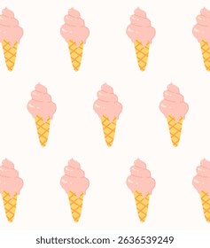 Seamless vector pattern featuring cute pink ice cream cones on a light background. Playful, flat cartoon style perfect for summer designs, kids' products, wallpapers, and textiles.