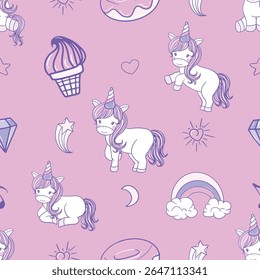 Seamless vector pattern featuring cute unicorns with rainbows, stars, and clouds in a whimsical, colorful style. Perfect for children’s products, fabrics, wallpapers, and stationery.