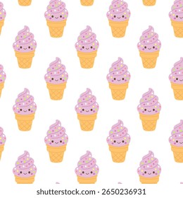 Seamless vector pattern featuring cute cartoon-style ice cream cones with pink whipped cream, colorful sprinkles, and smiling faces. 