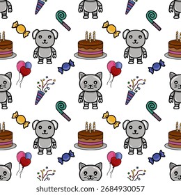 Seamless vector pattern featuring cute cartoon animals, birthday cakes, balloons, party poppers, and candies for festive celebrations.