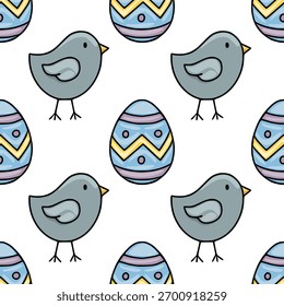 Seamless vector pattern featuring cute cartoon chicks and decorative Easter eggs with a playful, whimsical aesthetic.