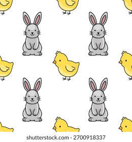 Seamless vector pattern featuring cute cartoon Easter bunnies and chicks on a white background, perfect for spring-themed designs.