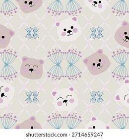 Patrón de Vector sin fisuras con osos lindos, cabeza de oso de flores y color dulce pastel margarita, patrón sin fisuras, dibujos animados lindos, ropa de tela, Ilustración vectorial
