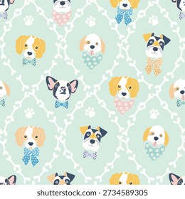 Seamless vector pattern featuring cute cartoon dog faces wearing bow ties and bandanas, with bones and paw prints on a soft pastel green background. Adorable hand drawn illustration style, perfect for kids and baby products, nursery decor, textile, fabric, wallpaper, wrapping paper, stationery and pet themed designs.