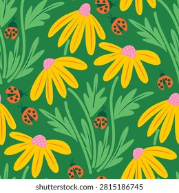 Seamless vector pattern featuring cute naive yellow wildflowers, green leaves, and tiny ladybugs. Bright and contrast summer design on a rich green background with vibrant yellow, pink, and orange accents. Perfect for kids fashion, nursery bedding, baby clothing, stationery, wallpaper, and home textiles.
