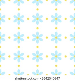 Seamless vector pattern featuring daisy-style flowers with blue petals and yellow centers on a white background in a flat minimalist style
