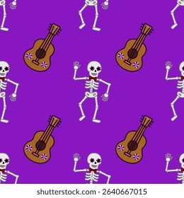 Seamless vector pattern featuring dancing skeletons with floral eye makeup and decorative guitars on a vibrant purple background, perfect for Day of the Dead celebrations.