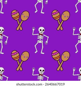Seamless vector pattern featuring dancing skeletons with floral eye makeup and maracas, set against a vibrant purple background, ideal for Day of the Dead celebrations.