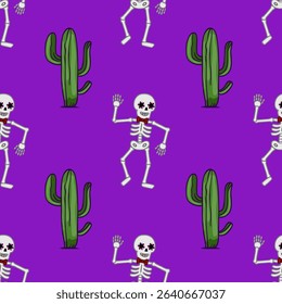 Seamless vector pattern featuring dancing skeletons with floral eye decorations and red bow ties, playfully interacting with vibrant green cacti against a rich purple background, ideal for Day of t...