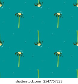 A seamless vector pattern featuring dandelions on a turquoise background. Perfect for fabric, wallpaper, and stationery designs. Ideal for fresh, nature-inspired products and vibrant home decor.