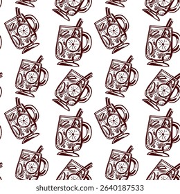 Seamless vector pattern featuring decorative beverage glasses with citrus slices and cinnamon sticks on white background