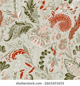 Seamless vector pattern featuring decorative florals and curled leaves in muted red and green tones, ideal for wallpaper, textiles, and wrapping paper.