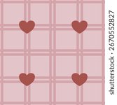 Seamless vector pattern featuring a delicate blush pink grid overlaid with scattered terracotta hearts, creating a romantic and minimalist design ideal for Valentines Day or wedding invitations.