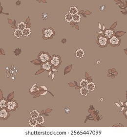 Seamless vector pattern featuring delicate floral clusters and leaves in a Mocha Mousse palette. Perfect for textiles, wallpapers, and stationery projects.