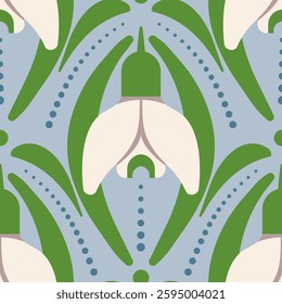 A seamless vector pattern featuring delicate white snowdrops with green leaves on a soft blue background. Perfect for seasonal fabric and wallpaper designs.