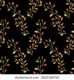 A seamless vector pattern featuring delicate vines with leaves in shades of green, yellow, and red against a black background. The design is elegant and suitable for textiles or wallpaper.