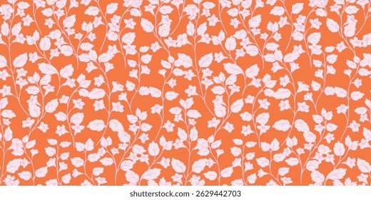 Padrão de vetor sem costura com delicadas flores de floresta e folhas em tons de laranja. Elementos botânicos desenhados à mão criam um design vintage, elegante e de verão, ideal para têxteis e papéis de parede