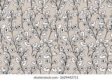 Seamless vector pattern featuring delicate black and white wild floral stems elements on a light beige background. The design is elegant and versatile, suitable for textiles, stationery, prints