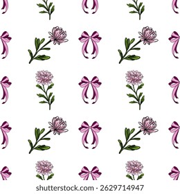 Padrão de vetor sem costura com delicadas flores de crisântemo rosa, arcos roxos elegantes e folhas verdes simples em um fundo branco, criando um design encantador e romântico.