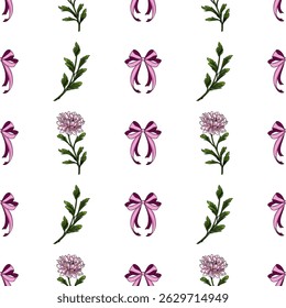 Padrão de vetor sem costura com delicadas flores de crisântemo rosa, folhagem verde exuberante e arcos roxos elegantes, criando um design encantador e romântico.