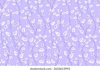 Seamless vector pattern featuring delicate violet wild floral stems elements on a purple, lavender background. Design is elegant and versatile, suitable for textiles, prints, stationery, packaging
