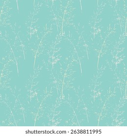 Seamless vector pattern featuring delicate wild grass silhouettes in soft pastel tones on a turquoise background. Perfect for contemporary fabric prints, wallpapers, and bold surface designs