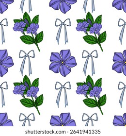 Seamless vector pattern featuring delicate periwinkle flowers and light blue bows on a white background, creating a charming and elegant design perfect for various applications.