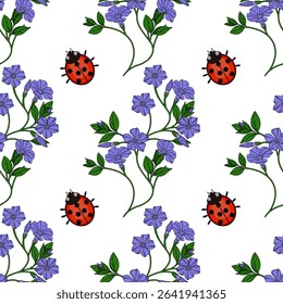 Seamless vector pattern featuring delicate periwinkle flowers and charming ladybugs, creating a vibrant and cheerful spring design.