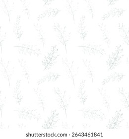 Seamless vector pattern featuring delicate hand drawn grass stems in a subtle monochrome style on a white background. Elegant and minimal, ideal for textiles, wallpapers, packaging, stationery