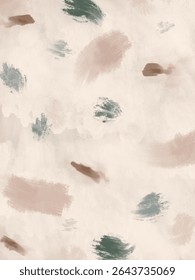 Padrão de vetor sem costura com pinceladas delicadas e texturizadas em uma paleta silenciosa de taupe, sábio e azul suave em um fundo cremoso, evocando movimento sutil e texturas orgânicas.