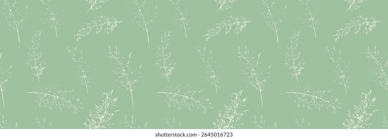Padrão de vetor sem emenda com delicadas hastes de grama desenhadas à mão em um estilo suave e vintage. O fundo verde silenciado complementa o design botânico sutil para têxteis, papel de parede, embalagem