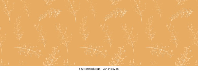 Padrão de vetor sem emenda com delicados, estirados à mão caules de grama em um estilo vintage. Mustrat fundo amarelo complementa o design botânico sutil para têxteis, papel de parede, embalagem
