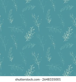 Seamless vector pattern featuring delicate hand drawn grass stems on a turguise background. Elegant and minimal, ideal for textiles, wallpapers, packaging, stationery