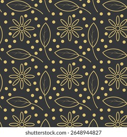 Um padrão de vetor sem costura com delicadas flores contorno dourado e folhas intercaladas com pontos lúdicos em um fundo escuro sofisticado, perfeito para projetos elegantes e contemporâneos.