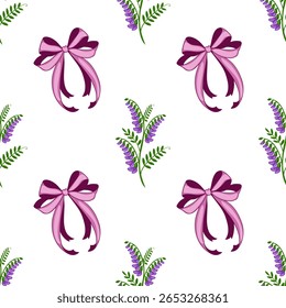 Padrão de vetor sem costura com delicadas flores de ervilhaca tufado roxo e arcos rosa elegantes em um fundo branco nítido, criando um design encantador e sofisticado.