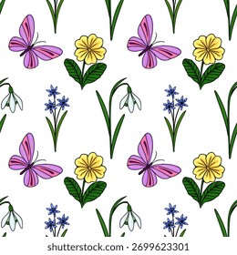 Seamless vector pattern featuring delicate spring flora and vibrant butterflies, with snowdrops, scilla, and primroses in a playful, illustrative style.