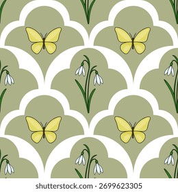 Padrão de vetor sem emenda com delicadas borboletas amarelas e colírios de neve brancos contra um fundo verde sábio silenciado com uma sobreposição escalopada elegante.