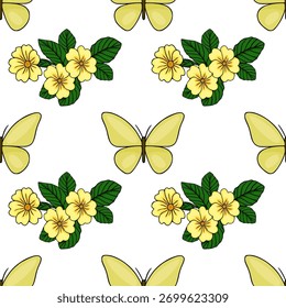 Padrão de vetor sem emenda com delicadas primatas amarelas e borboletas amarelas pálidas em um fundo branco, evocando um ambiente sereno de jardim de primavera.