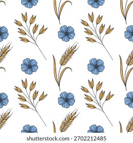 Seamless vector pattern featuring delicate blue flax flowers and golden wheat stalks on a white background, evoking a rustic, natural aesthetic.