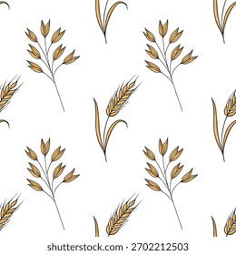 Seamless vector pattern featuring delicate hand-drawn wheat and oat stalks in warm golden hues against a clean white background, evoking a rustic and natural aesthetic.